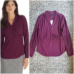 White House Black Market WHBM Long Sleeve Burgundy Surplice Blouse, NWT, Size 8